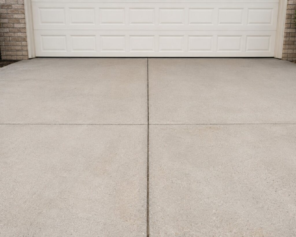A person pouring a liquid sealer onto a clean concrete driveway with a roller and a bucket nearby.