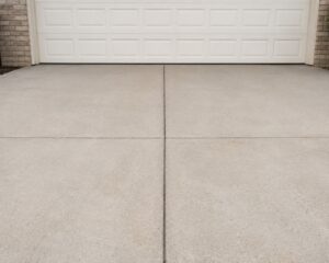 A person pouring a liquid sealer onto a clean concrete driveway with a roller and a bucket nearby.