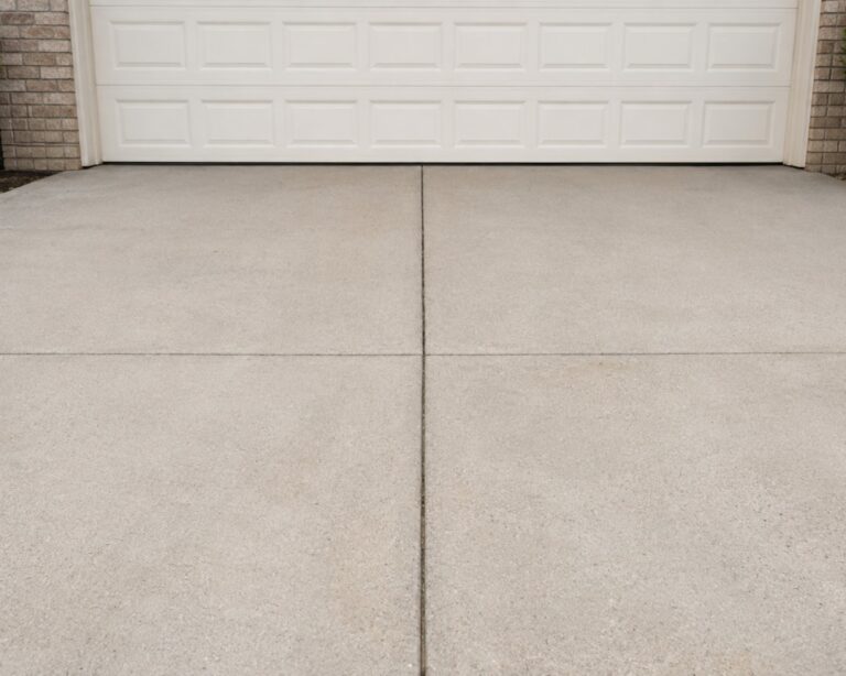 A person pouring a liquid sealer onto a clean concrete driveway with a roller and a bucket nearby.